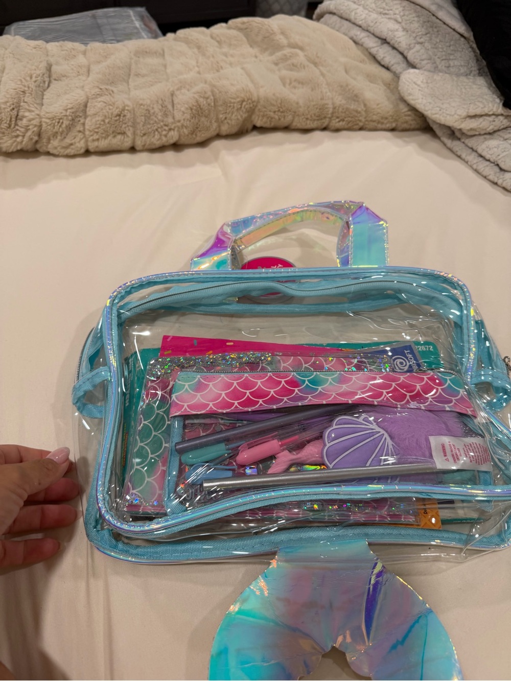 Justice Clear Mermaid Pencil Case Tote in Aqua and Purple Holographic